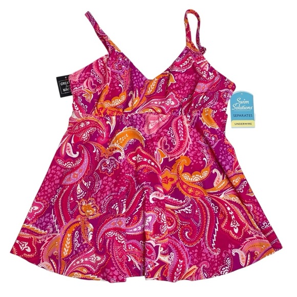 Swim Solutions Fuchsia Pink V-Neck Printed Underwire Tankini Swim Top 12 New - Picture 1 of 7